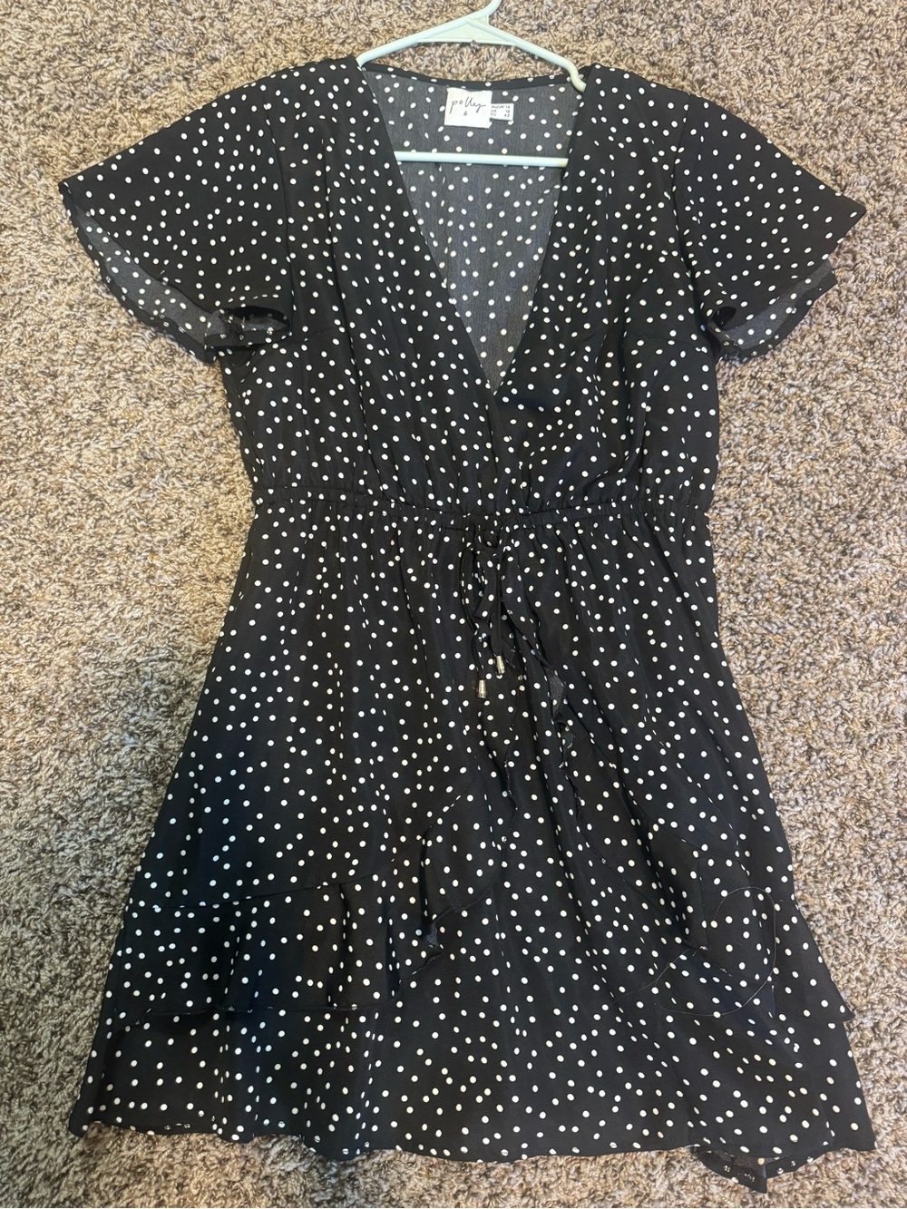 Black Polka Dot Mini Wrap Dress with Tie Waist